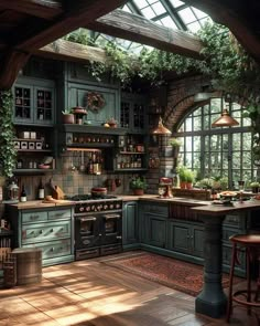 a kitchen with lots of green cupboards and plants on the wall above the stove