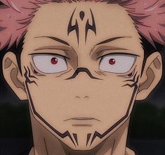 an anime character with pink hair and red eyes looks at the camera while staring into the distance