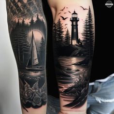 a man's arm with a lighthouse and sailboat tattoo on it