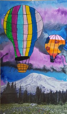 two hot air balloons in the sky with mountains and clouds behind them, painted on paper