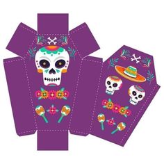 an image of a paper box with skulls and flowers on the front, in purple