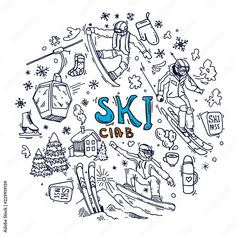 skiers and snowboarders are depicted in the shape of a circle on a white background