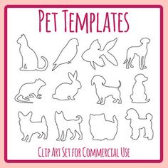 the silhouettes of cats and dogs are shown in this hand drawn outline art set for commercial use