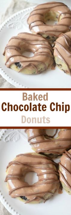 baked chocolate chip doughnuts on a plate with the words baked chocolate chip donuts