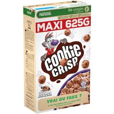 a box of cookie crisp cereal with an image of a rabbit on it's chest