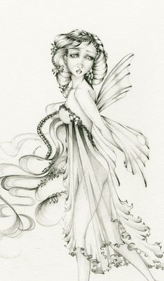 a pencil drawing of a fairy holding her hands to her face and looking at the camera