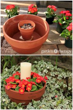 two pictures with flowers in them and one has a candle on the potted planter