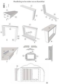 the instructions to build a wooden table with drawers and shelves for each side, including an open shelf