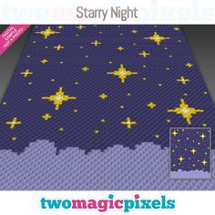 a blue and yellow rug with stars in the night sky on it, as well as two