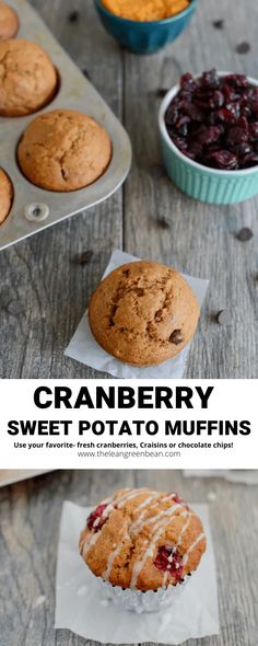 cranberry sweet potato muffins with white icing on top and in the background