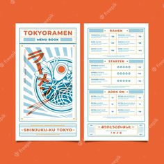 the menu for tokyo's food and drink festival is displayed on an orange background