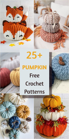 crocheted pumpkins with the words 25 + pumpkin free crochet patterns