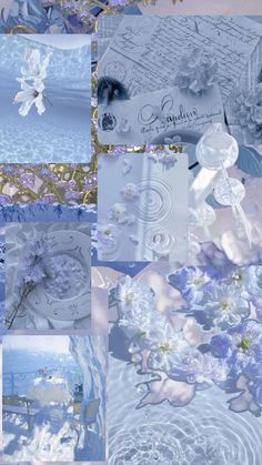 a collage of blue and white images with flowers