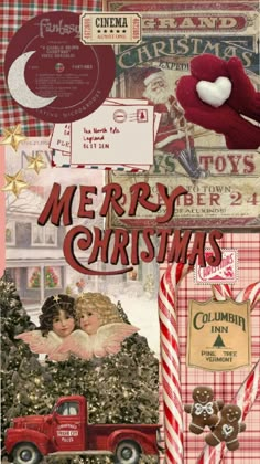 christmas collage with red truck, candy canes and other holiday related items on it