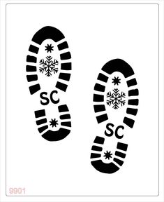 two footprints with snowflakes on them and the word sc written in black ink