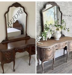 an old dresser has been transformed into a dressing table with flowers on top and a mirror above it