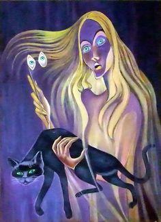 a painting of a woman holding a black cat in front of her face and two green eyes