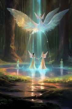 three women in white dresses holding hands with an angel above them and water behind them