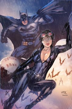 batman and batgirl in the rain with bats flying over them, one woman is holding an umbrella