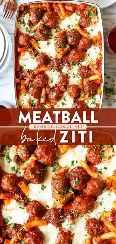 homemade meatball baked ziti in a casserole dish