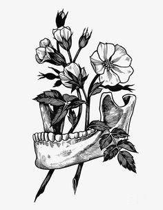 a black and white drawing of a tooth with flowers in it