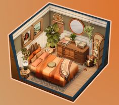 a room with a bed, dresser and mirror on the wall is shown in an overhead view