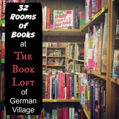 a book shelf filled with lots of books next to a black sign that reads 32 rooms of books at the book loft of german village