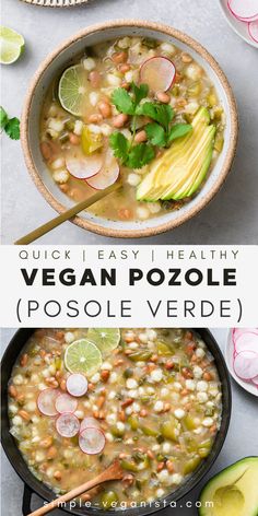 a bowl of vegan pozole soup with avocado and cilantro