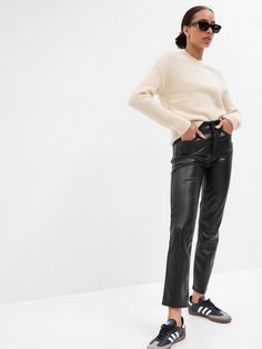 High Rise Vintage Slim Vegan-Leather Pants | Gap Factory Casual Leather Pants With Five Pockets For Fall, Casual Leather Pants With Five Pockets, Trendy Leather Jeans For Fall, Casual High Rise Leather Pants For Fall, High Rise Leather Jeans For Fall, Casual Straight Leg Leather Pants For Fall, Fall Mid-rise Leather Jeans, Casual Mid-rise Leather Pants For Fall, Fall Casual Mid-rise Leather Pants