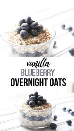 blueberry overnight oatmeal in a glass bowl with the title overlay