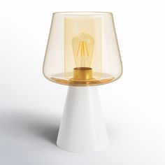 a yellow light bulb sitting on top of a white table