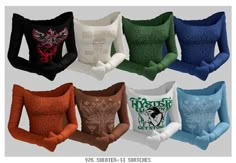 six different colored pillows with designs on them