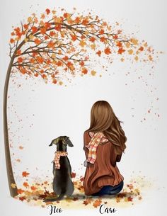 a woman sitting next to a dog under a tree with leaves on it's branches