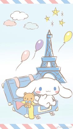 a drawing of an elephant and a teddy bear in front of the eiffel tower