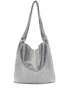 silver-tone stud-embellished mesh design rectangle body single flat top handle main compartment internal logo plaque leather lining no fastening This piece comes complete with a protective dust bag. Paco Rabanne, Mesh Design, Flats Top, Womens Tote Bags, Top Handle, Shoulder Bags, Dust Bag, Silver Tone, Bag Lady