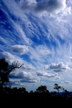 the sky is filled with white clouds and some trees in front of it, as well as blue skies