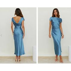 Fortunate One Satin Cap Sleeve Cowl Back Dress Size S Elegant Light Blue Maxi Dress For Date Night, Blue Fitted Maxi Dress For Dinner, Light Blue Casual Evening Dress, Blue Midi Dress For Summer Dinner, Blue Summer Midi Dress For Dinner, Summer Dinner Blue Midi Dress, Elegant Light Blue Midi Dress For Date Night, Blue Sheath Dress For Dinner, Casual Blue Evening Midi Dress