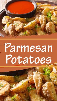 parmesan potatoes on a plate with dipping sauce in the middle and text overlay that reads parmesan potatoes