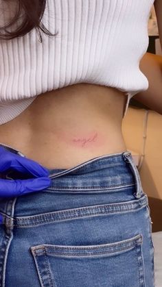 #red #minimalist #smalltattooforwomen #angel Red Angel Tattoo, Red Minimalist Tattoo, Tiny Red Tattoo, Minimalist Angel Tattoo, Red Minimalist, Script Tattoo, Tattoo Script, Baby Tattoos, Angel Tattoo