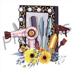 a painting of hair dryer, combs, scissors and flowers on a white background