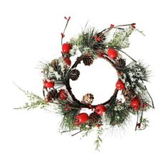 a christmas wreath with pine cones and berries