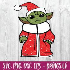 the baby yoda is wearing a santa claus hat and red pajamas with white stars