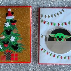 two handmade christmas cards with an image of a baby yoda