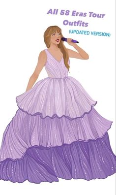 a drawing of a woman in a purple dress with the words all 53 eras tour outfit updated version