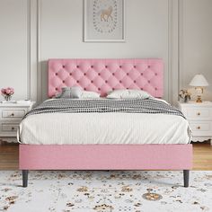 The pink full bed frame features a design inspired by modern. The bed frame full features a tufted headboard, providing an extra touch of luxury and comfort. This feature adds a stylish focal point to your bedroom and provides a comfortable backrest when you want to sit up in bed and read or watch television. Pink Bed Frame, Princess Bed Frame, Pink Twin Bed, Twin Bed Frames, Soft Headboard, Fabric Upholstered Bed, Bed Base Frame, Pink Bed, Bday Wish List