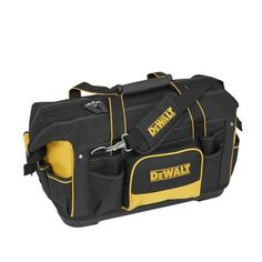 a black and yellow tool bag with the word dew on it