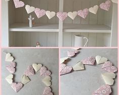 several photos of hearts hanging from a shelf