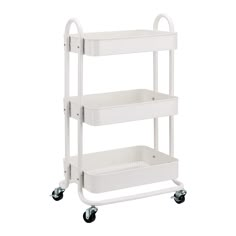 a white shelf with three shelves on wheels