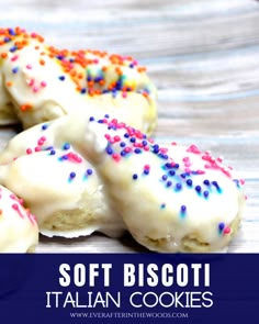 some white cookies with sprinkles on them and the words soft biscotti italian cookies