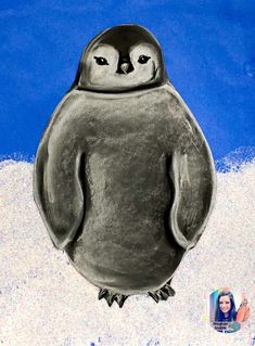 a drawing of a penguin on top of snow with a blue sky in the background